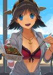  :d alternate_costume anchor aqua_nails backlighting bangle bangs beach bikini bikini_under_clothes blue_eyes blue_sky bracelet breasts brown_hair chopsticks cleavage cloud cloudy_sky collared_shirt day dress_shirt feeding flipped_hair food frilled_bikini frills hairband headgear hiei_(kantai_collection) holding holding_food horizon jewelry kantai_collection large_breasts lifebuoy looking_at_viewer nail_polish necklace ocean open_clothes open_mouth open_shirt pendant pov_feeding red_bikini shirt short_hair sky sleeves_pushed_up smile solo swimsuit swimsuit_under_clothes takeout_container tied_shirt touboku upper_body white_shirt yakisoba 