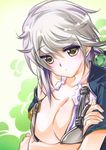  asymmetrical_hair braid breast_hold breasts close-up cloud_print crop_top highres jitome kantai_collection large_breasts long_hair looking_at_viewer senomoto_hisashi silver_hair single_braid solo unryuu_(kantai_collection) yellow_eyes 