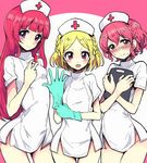  2girls :d blonde_hair clipboard gloves hat houjou_sophie leona_west long_hair midorikaze_fuwari mole mole_under_eye motsuaki multiple_girls no_pants nurse nurse_cap open_mouth otoko_no_ko pink_hair pretty_(series) pripara purple_eyes red_hair rubber_gloves sandwiched short_hair smile syringe 