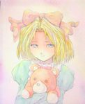  blonde_hair blue_eyes bow hair_bow highres holding iris_chateaubriand jean-paul long_sleeves looking_at_viewer pink_background pink_bow sakura_taisen solo stuffed_animal stuffed_toy teddy_bear traditional_media upper_body watercolor_(medium) yuyu_(00365676) 
