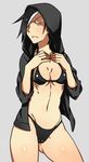 ass_visible_through_thighs bikini black_bikini black_hair black_hood blue_eyes breast_squeeze breasts cleavage cowboy_shot cross cross_necklace groin hair_over_one_eye half-closed_eyes highres hood hoodie jewelry kamezaemon multicolored_hair necklace open_clothes open_hoodie original short_hair small_breasts solo sweat swimsuit two-tone_hair underboob white_hair 