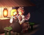  ^_^ bird_wings blonde_hair blouse closed_eyes dress eating food_stand hair_ribbon hebrew highres holding_hands lantern multiple_girls mystia_lorelei ofuton_(niigata_kenmin) paper_lantern pink_eyes pink_hair ribbon rumia short_hair skewer skirt touhou vest wings 