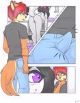  2015 apron bent_over blue_eyes butt canine clothed clothing comic cooking duo erection erection_under_clothes female hair male mammal oven pants purple_eyes pussy red_hair shirt zyira 