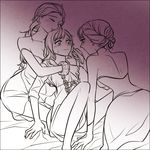  anna_(frozen) bdsm bed blush cuffs dual_persona elsa_(frozen) eye_contact fff_threesome frozen_(disney) group_sex hair_up handcuffs hooreng hug hug_from_behind incest looking_at_another monochrome multiple_girls sex siblings sisters sitting threesome yuri 