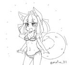  animal_ears bikini breasts eyebrows fox_ears fox_tail greyscale kedamaton kogetsu_tooka monochrome open_mouth original simple_background small_breasts smile solo swimsuit tail white_background 