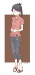  2015 alternate_costume dated denim full_body high_ponytail houshou_(kantai_collection) jeans kantai_collection kawashina_(momen_silicon) pants polo_shirt pouch solo 