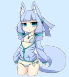  animal_ears bikini blue_background blue_hair blush breasts covered_nipples fox_ears fox_tail highres kedamaton kogetsu_tooka looking_at_viewer original side-tie_bikini simple_background small_breasts solo swimsuit tail 