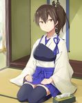  brown_eyes brown_hair ckros-15 commentary_request full_body hair_between_eyes hakama_skirt hands_on_lap highres indoors japanese_clothes kaga_(kantai_collection) kantai_collection looking_at_viewer mimikaki muneate on_floor seiza side_ponytail sitting solo tasuki tissue_box 