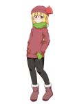  1girl alternate_costume blonde_hair boots cato_(monocatienus) commentary_request fur-trimmed_boots fur_trim green_scarf hat looking_at_viewer mittens red_eyes rumia scarf short_hair simple_background smile solo touhou white_background 