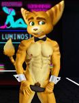  anthro bow_tie cheesecaked clothing edit fur lombax male neon_lights photo_manipulation photomorph ratchet ratchet_and_clank shy solo speedo standing swimsuit teasing video_games 