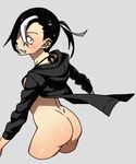  ass black_hair black_hood bottomless breasts constricted_pupils cropped_legs dimples_of_venus ear_piercing from_behind hair_over_one_eye highres kamezaemon multicolored_hair original piercing short_hair short_ponytail sideboob small_breasts solo two-tone_hair white_hair wind wind_lift 