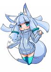  animal_ears aqua_eyes aqua_legwear arched_back bangs big_hair blue_sweater blunt_bangs blush breasts chestnut_mouth covered_navel cropped_legs eyebrows eyebrows_visible_through_hair fox_ears fox_girl fox_tail highres impossible_clothes impossible_sweater kedamaton kogetsu_tooka light_blue_hair long_sleeves looking_at_viewer open_mouth original ribbed_sweater short_eyebrows sidelocks simple_background sleeves_past_wrists solo sweater tail thick_eyebrows thighhighs turtleneck turtleneck_sweater v-shaped_eyebrows white_background 