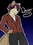  2015 alymarieb anthro blue_background blue_eyes brown_fur canine clothed clothing dexter_(powfooo) fur hair hand_on_hip jacket looking_at_viewer mammal one_eye_closed pose simple_background smirk solo standing tight_jeans wink wolf 