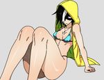 barefoot bikini black_hair black_hood blue_bikini breasts cross cross_necklace frown hair_over_one_eye hood hoodie jewelry kamezaemon multicolored_hair necklace open_clothes open_hoodie original shaded_face sitting sleeveless sleeveless_hoodie small_breasts solo swimsuit two-tone_hair white_hair 
