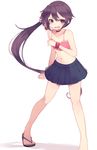  akebono_(kantai_collection) bell flip-flops flower hair_bell hair_flower hair_ornament jingle_bell kantai_collection long_hair purple_eyes purple_hair sandals scrunchie shugao side_ponytail skirt solo swimsuit wrist_scrunchie 