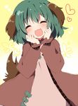 :3 animal_ears blush closed_eyes dress fang green_hair hands_on_own_cheeks hands_on_own_face heart kasodani_kyouko long_sleeves open_mouth short_hair solo tail touhou uguisu_mochi_(ykss35) yellow_background 