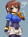  aile blush breasts brown_hair character_name covered_navel green_eyes haniwagi_(hal) large_breasts looking_at_viewer rockman rockman_zx short_hair shorts simple_background solo 