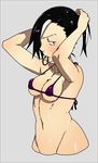  adjusting_hair arms_up bikini bikini_top black_hair black_hood blue_eyes breasts colorized cross groin hair_over_one_eye highres jewelry kamezaemon micro_bikini mouth_hold multicolored_hair navel necklace no_legs original ponytail purple_bikini revision rubber_band small_breasts solo swimsuit two-tone_hair white_hair 