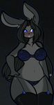  2015 alice_(resua) anthro black_fur black_hair blue_eyes blush breasts clothing female fur garter_straps hair lagomorph legwear lingerie long_hair mammal navel rabbit solo standing stockings tehbuttercookie thick_thighs thigh_highs tongue tongue_out underwear voluptuous wide_hips 