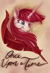  2015 blue_eyes english_text equine feathers female hair horn jadedjynx lauren_faust_(character) loose_feather mammal my_little_pony portrait quill red_hair solo text winged_unicorn wings 