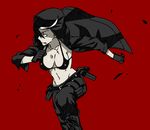  bikini_top black_gloves black_hair black_hood breasts cross cross_necklace gloves hood hoodie jewelry kamezaemon medium_breasts midriff multicolored_hair navel necklace open_clothes open_hoodie original pants red_background running short_hair solo thigh_pouch two-tone_hair white_hair 