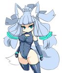  animal_ears blue_hair breasts cleavage fox_ears fox_tail kedamaton kogetsu_tooka long_hair looking_at_viewer medium_breasts original simple_background solo tail thighhighs white_background 