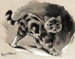  :&lt; abstract_background ambiguous_gender cat feline feral greyscale license_info louis_wain mammal monochrome nude public_domain quadruped simple_background solo traditional_media_(artwork) walking watercolor_(artwork) 