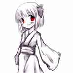 :d blush commentary fang iruru5666 japanese_clothes kimono looking_at_viewer open_mouth red_eyes rumia short_hair smile solo spot_color touhou 