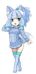  animal_ears blue_hair boots commentary_request fox_ears fox_tail kedamaton kogetsu_tooka original ribbed_sweater simple_background solo sweater tail thigh_boots thighhighs white_background 