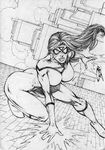  breasts brick_wall butt_crack cityscape cloud cloudy_sky greyscale jessica_drew long_hair marvel mask monochrome ron_adrian sky squatting upside-down 