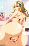  1girl ass big_ass bikini blonde_hair blue_eyes boku_wa_tomodachi_ga_sukunai breastless_clothes breasts butterfly butterfly_hair_ornament crotchless_panties g-string huge_ass kashiwazaki_sena large_breasts long_hair looking_at_viewer looking_back nipples open_mouth pussy pussy_juice solo swimsuit teeth thigh_gap thighs tongue uncensored yuumekoi 