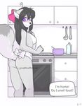  2015 apron black_hair blush breasts butt canine comic dialogue english_text female fur grey_fur hair inside kitchen mammal oven purple_eyes side_boob solo text zyira 