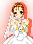  alternate_hairstyle blush breasts bridal_veil choker cleavage commentary dragon_quest dragon_quest_viii dress elbow_gloves gloves hair_up head_tilt jessica_albert jewelry k_(niyari) large_breasts looking_at_viewer red_eyes red_hair ring smile solo tiara veil wedding_dress wedding_ring white_dress 