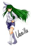  animal_ears breasts bunny_ears character_request commentary full_body green_hair hands_on_hips highres long_hair medium_breasts nanbo_ataru_(attall) red_eyes shorts sidelocks socks solo turtleneck very_long_hair walking 