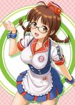  akizuki_ritsuko braid breasts brown_eyes brown_hair burger_skater_(idolmaster) glasses hat hida_tatsuo idolmaster idolmaster_(classic) large_breasts shirt smile solo star taut_clothes taut_shirt twin_braids underbust waitress wrist_cuffs 