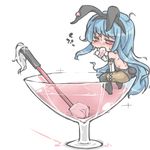  bare_back blue_hair blush bunny_girl chibi cocktail cocktail_glass cup drinking_glass food fruit hinanawi_tenshi kureha_mitsushige long_hair looking_back peach red_eyes solo sword_of_hisou touhou 