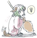  animal_ears broom dog_ears dog_tail green_eyes green_hair kasodani_kyouko light_bulb monrooru open_mouth sketch solo spoken_light_bulb squatting tail touhou 