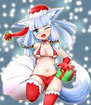  animal_ears bikini blue_eyes blue_hair blush breasts christmas fox_ears fox_tail gift hat highres kedamaton kogetsu_tooka looking_at_viewer medium_breasts navel one_eye_closed open_mouth original red_bikini red_legwear santa_hat smile solo swimsuit tail thighhighs 