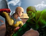  bald cape commentary_request crossover epic green_skin highres hulk incoming_punch male_focus marvel multiple_boys one-punch_man ryuu_(nbrnsk) saitama_(one-punch_man) superhero 