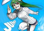  animal_ears bunny_ears character_request green_hair grin long_hair nanbo_ataru_(attall) red_eyes ribbed_sweater running salute sharp_teeth shorts smile solo sweater teeth thighhighs turtleneck white_legwear 