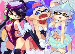  27_degrees 2girls aori_(splatoon) assisted_exposure black_hair blue_eyes blue_hair bow bowtie breasts bulge choker cleavage crossdressing earrings elbow_gloves fangs garter_belt garter_straps gloves grey_hair grin hat hotaru_(splatoon) inkling jewelry large_breasts lingerie long_hair mole mole_under_eye multiple_girls paint_splatter panties pointy_ears ponytail pose skirt skirt_lift skirt_pull skirt_tug smile splatoon_(series) splatoon_1 tears tentacle_hair thighhighs underwear yellow_eyes 