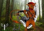  2015 anthro clothing fantasy forest fur hair jeffurr long_hair male outside piercing solo steel tree unknown_species weapon wood 