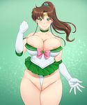  bishoujo_senshi_sailor_moon bow breasts brown_hair choker circlet cleavage earrings gloves green_background green_choker green_eyes huge_breasts jewelry kino_makoto long_hair looking_at_viewer panties partially_visible_vulva pink_bow ponytail revealing_clothes sailor_jupiter sailor_senshi_uniform shikuta_maru smile solo thighs underwear white_gloves white_panties 