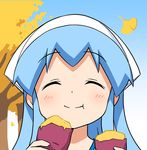  ^_^ anbe_masahiro autumn blue_hair closed_eyes closed_mouth eating food ginkgo holding ikamusume portrait shinryaku!_ikamusume smile solo sweet_potato tentacle_hair yakiimo 