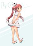  arms_behind_back brown_eyes brown_hair character_name dress from_behind hat highres kantai_collection libeccio_(kantai_collection) long_hair looking_back pout rarako ribbon shoes solo twintails 