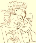  &gt;_&lt; anna_(frozen) closed_eyes couple elsa_(frozen) frozen_(disney) hair_up happy hooreng incest kiss korean multiple_girls nose_kiss olaf_(frozen) siblings sisters translation_request yuri 