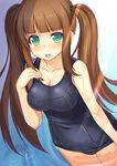  blush breasts brown_hair collarbone green_eyes kageira large_breasts long_hair one-piece_swimsuit original partially_submerged school_swimsuit smile solo swimsuit twintails water 