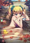  absurdres arm_support autumn_leaves blonde_hair blue_eyes blush breasts cleavage convenient_censoring drinking drinking_straw furyou_michi_~gang_road~ highres legs long_hair medium_breasts milk_carton mo_sheng_ren nude onsen original rubber_duck sideboob solo tattoo towel twintails water 