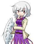  bad_id bad_pixiv_id belt bow bowtie collared_shirt commentary_request dress feathered_wings hand_on_own_chin jacket katsumi5o kishin_sagume red_eyes shirt short_hair silver_hair single_wing smug solo thinking touhou wings 