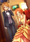  :d adjusting_eyewear armchair between_legs brown_hair chair commentary_request dararito dress elbow_gloves formal glasses gloves hand_between_legs hand_on_eyewear hoshizora_rin jewelry koizumi_hanayo lamp layered_dress love_live! love_live!_school_idol_project multiple_girls necklace open_mouth opera_glasses orange_hair pant_suit picture_frame purple_eyes ribbon short_hair sitting smile suit white_gloves yellow_eyes yellow_gloves 